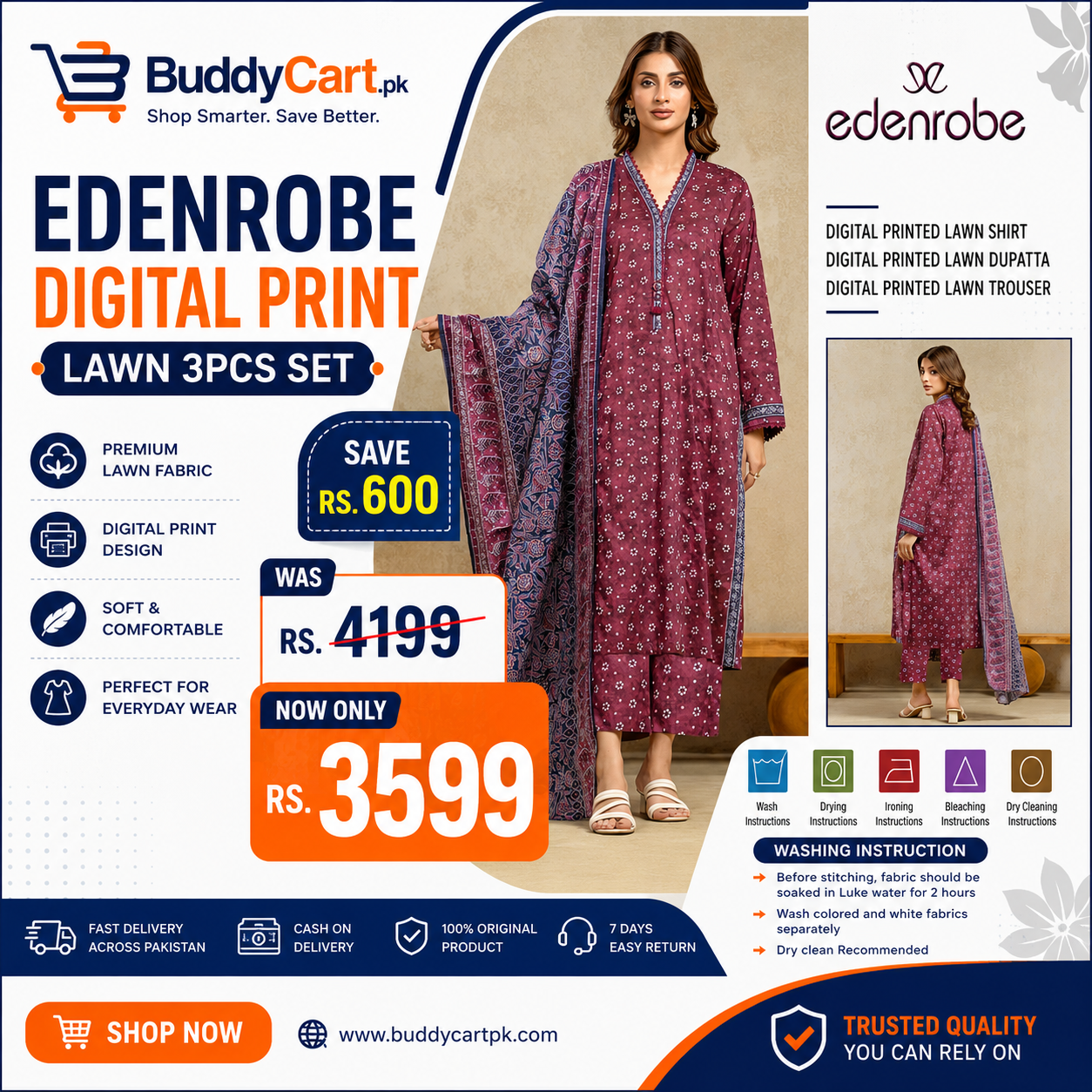 Edenrobe Digital Print Lawn 3Pcs Set Red 1