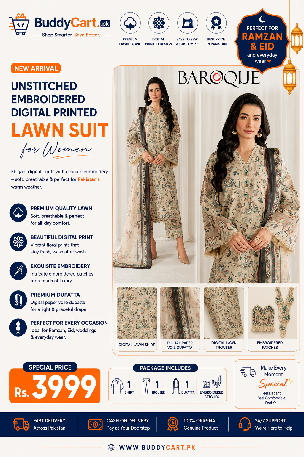 Unstitched Printed Embroidered Lawn Suit for Women
