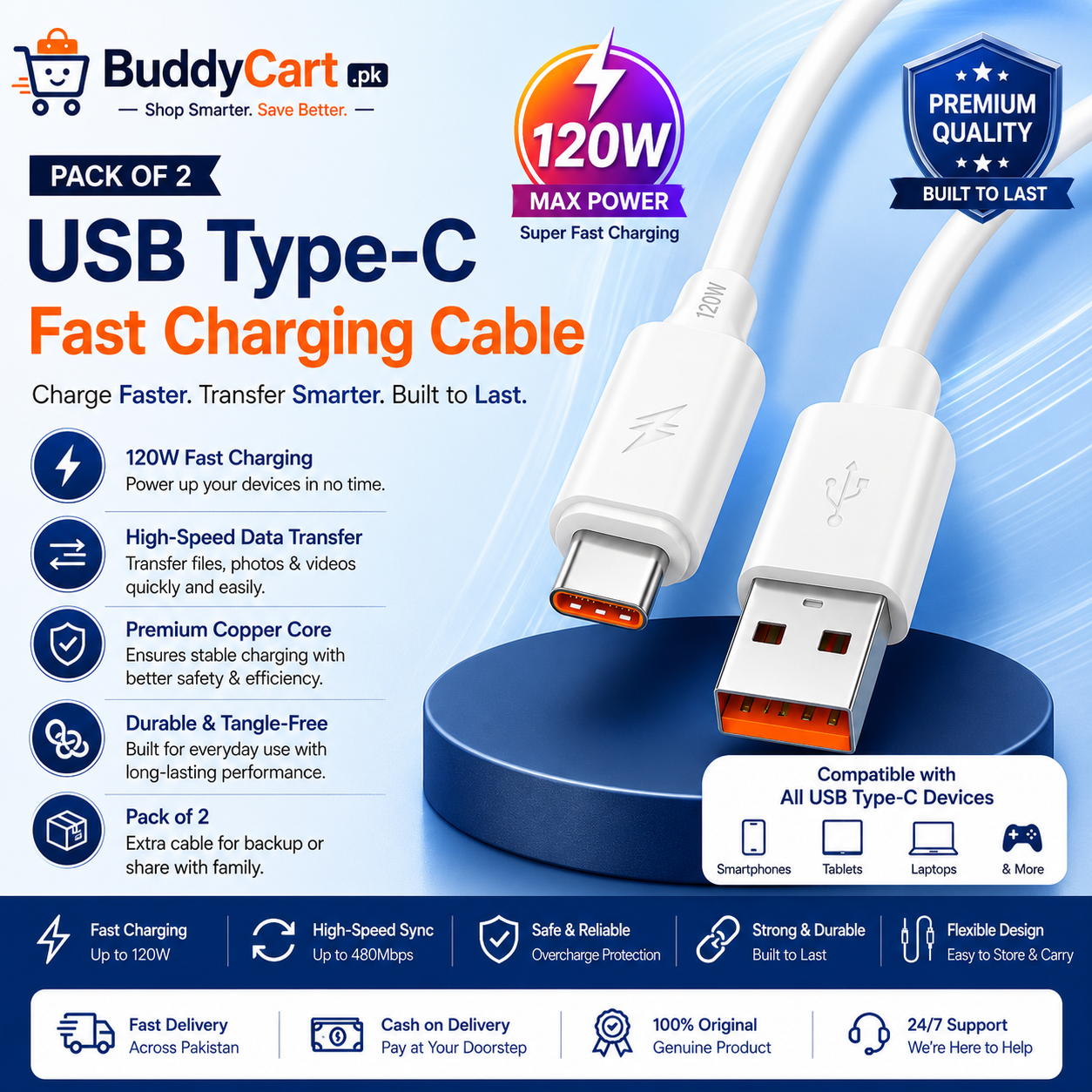 USB Type-C Fast Charging Cable Pack of 2 5