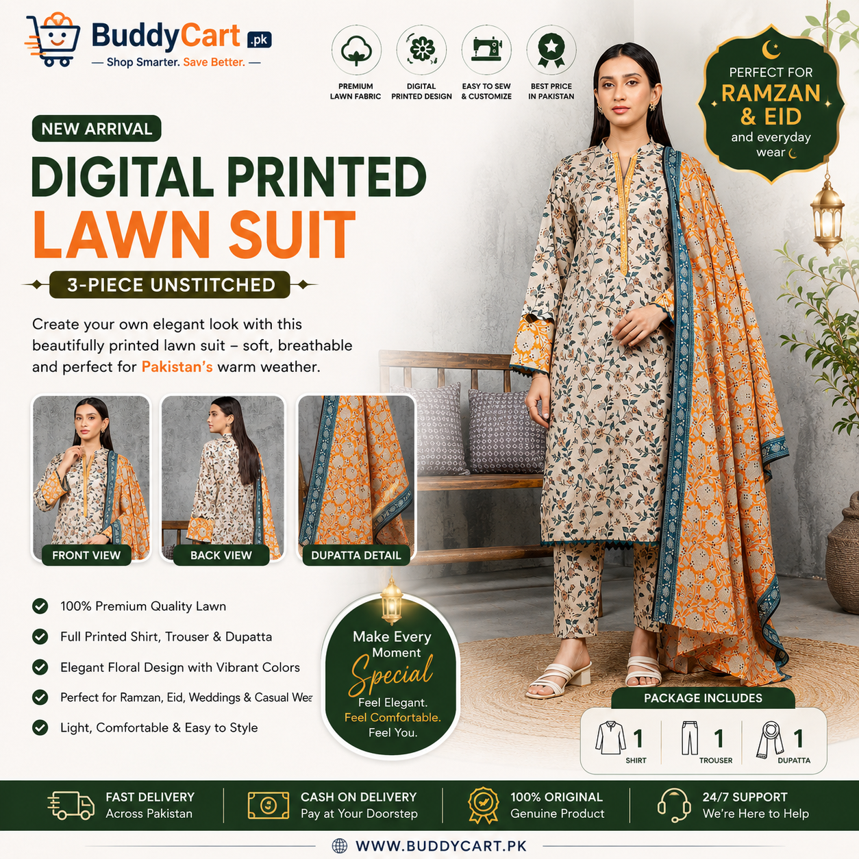 Sapphire Unstitched Printed Lawn Suit Orange Dupatta