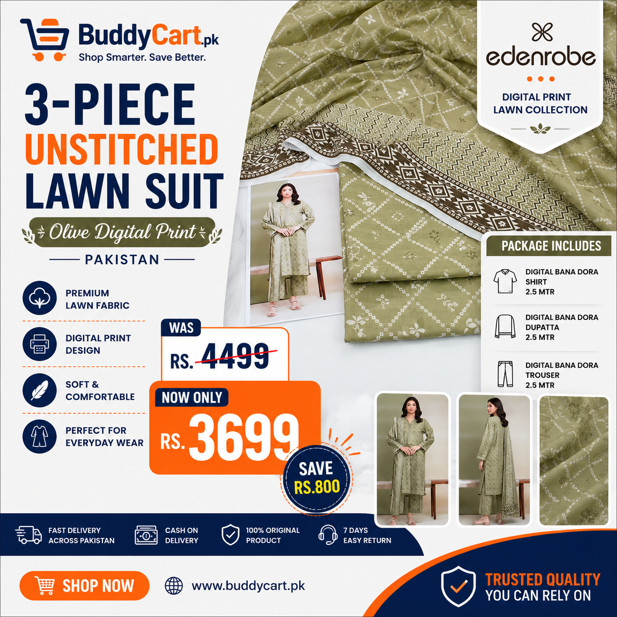 3-Piece Unstitched Lawn Suit Olive Digital Print Pakistan 2