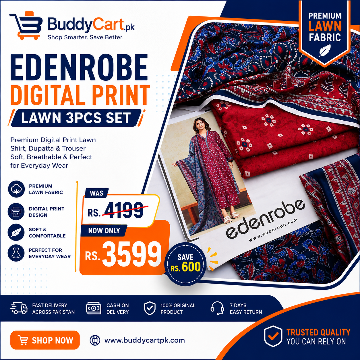 Edenrobe Digital Print Lawn 3Pcs Set Red 2